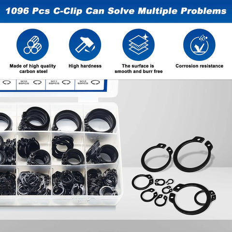 External Retaining Ring Kit Set All In One 1095 Piece Circlip Snap Ring Assortment in black alloy steel display with open case