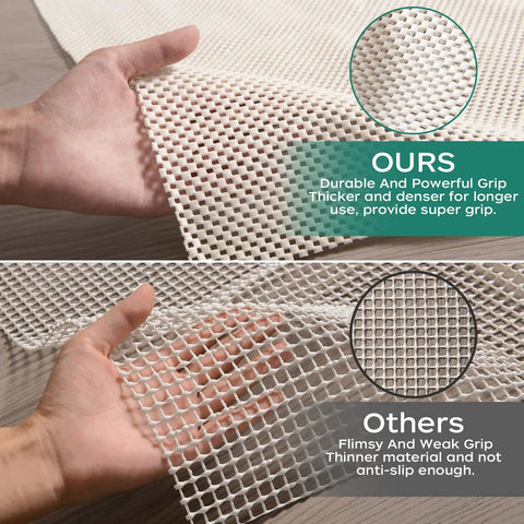 Comparison of two rug pads, highlighting the extra thick non slip rug pad gripper 2 by 3 feet as superior with durable cushion.