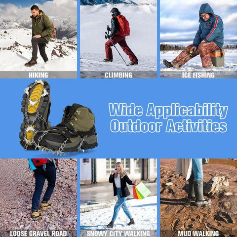 24 Spike Ice Crampons For Shoes With Silicone Snow Grips for hiking, climbing, ice fishing, and walking on varied terrains.