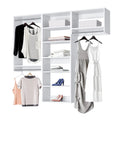 Top Tier Corner Closet Organizer Kit Featuring Dual Hanging Rods And Hella Spacious Shelf Towers For Maximizing White Storage Space Easy Install, showcasing clothes and shoes in an efficient layout.