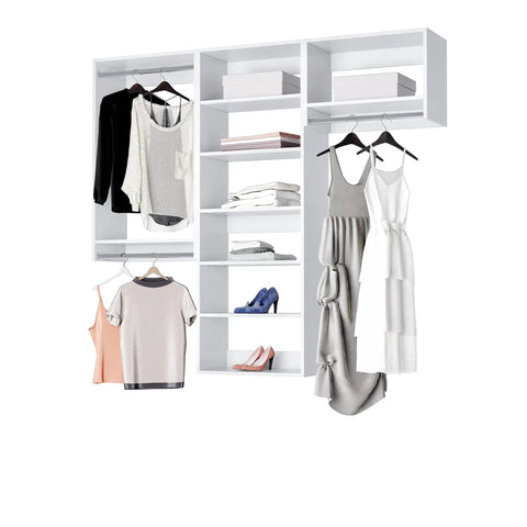 Top Tier Corner Closet Organizer Kit Featuring Dual Hanging Rods And Hella Spacious Shelf Towers For Maximizing White Storage Space Easy Install, showcasing clothes and shoes in an efficient layout.