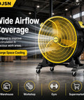 Heavy Duty Industrial Floor Fan 35.8 Inch Brushless Drum Circulator Rolling On Caster Wheels in a warehouse setting.