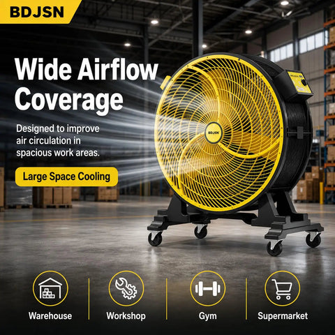 Heavy Duty Industrial Floor Fan 35.8 Inch Brushless Drum Circulator Rolling On Caster Wheels in a warehouse setting.