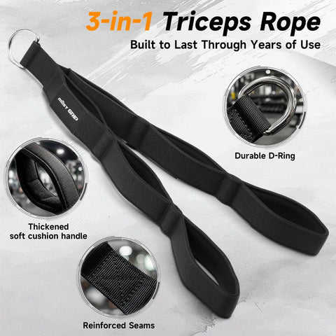 Lock In Multi Function Cable Machine Attachment Set With Grip Friendly Lat Pulldown Bars And Heavy Duty Tricep Rope close-up showing 3-in-1 triceps rope with thickened handles.