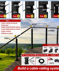 Cable railing system with metal posts, grommets CR79 for 1/8 in wire, showing tensioner, connectors, and wire rope components.