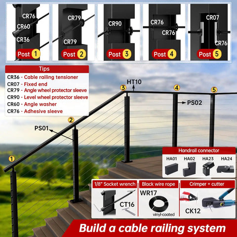 Cable railing system with metal posts, grommets CR79 for 1/8 in wire, showing tensioner, connectors, and wire rope components.