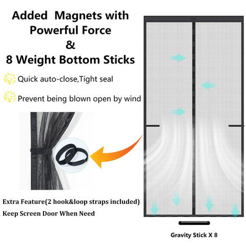 Tall Magnetic Screen Door Upgrade with 42 Strong Magnets for 38x98 showing auto-close and weight sticks for stability