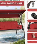Three Seat Outdoor Porch Swing With Adjustable Canopy And Convertible Two In One Chair Patio Glider With Thick Cushions And Pillows For Poolside Hangout Backyard Red