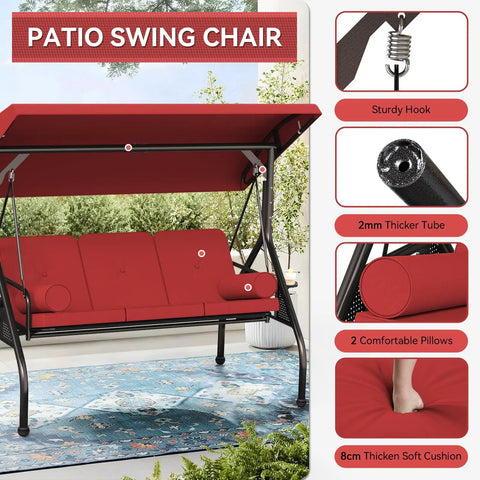 Three Seat Outdoor Porch Swing With Adjustable Canopy And Convertible Two In One Chair Patio Glider With Thick Cushions And Pillows For Poolside Hangout Backyard Red