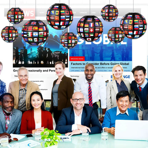 Flags Of All Nations Paper Hanging Lanterns Set Of 12 For Party Decor above international business team meeting