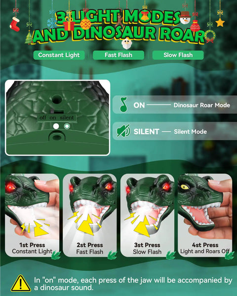 Totally Rad LED Dinosaur Headlamp For Kids With Roar Sound And 3 Lighting Modes showing light modes and roar settings.