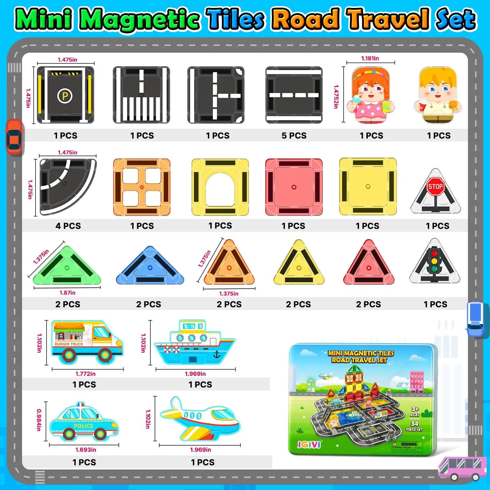 Mini Magnetic Tiles Road Travel Set For Kids On-The-Go ✓