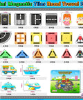 Mini Magnetic Tiles Road Travel Set with 34 pieces including mini tiles, toy cars, planes, boats, figures, ideal for kids on the go