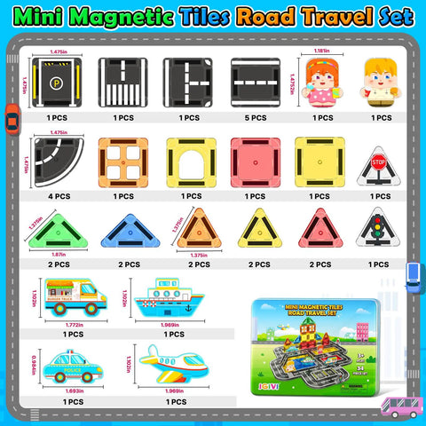 Mini Magnetic Tiles Road Travel Set with 34 pieces including mini tiles, toy cars, planes, boats, figures, ideal for kids on the go