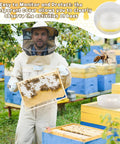 Beekeeper holding honeycomb frame near hives with Round Bee Feeder Set, 4 Pack With Anti Drowning Sponges For 8 Frame And 10 Frame Hives.