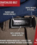 Scratchless Hidden Buckle Leather Work Belt For Tradesmen Full Grain Leather Heavy Duty Utility Belt Durable Comfort Black Large 38 To 40 Inches Ideal For Construction And Tool Belts showing close-up of padded buckle with stitching details.
