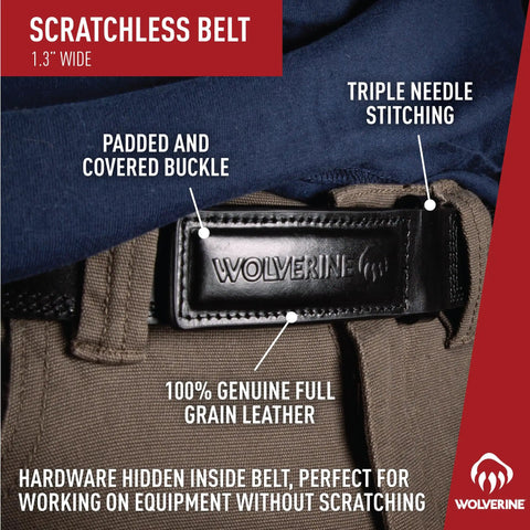 Scratchless Hidden Buckle Leather Work Belt For Tradesmen Full Grain Leather Heavy Duty Utility Belt Durable Comfort Black Large 38 To 40 Inches Ideal For Construction And Tool Belts showing close-up of padded buckle with stitching details.