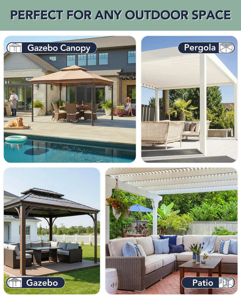 Outdoor patio view with gazebo canopy, pergola, and seating areas for privacy and weather protection, ideal for 10x10 to 12x14 setups.