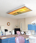 2x4 Fluorescent Light Covers For Classroom Ceiling Fixtures Beach Vibe 4 Pack in dental office, 22.38x46.5 slip-in panel visible.