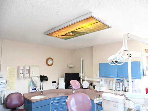 2x4 Fluorescent Light Covers For Classroom Ceiling Fixtures Beach Vibe 4 Pack in dental office, 22.38x46.5 slip-in panel visible.
