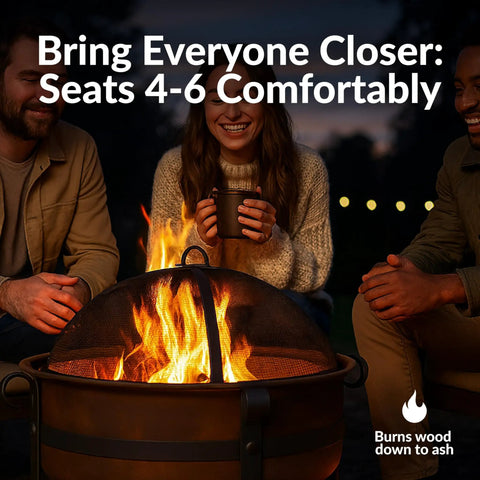 People gathered around Cauldron Wood Burning Outdoor Fire Pit For Patio And Backyard Hangouts, flames visible through spark screen.