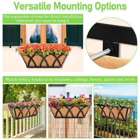 Two Pack 16 Inch Metal Railing Planters With Coco Liners Adjustable Window Box Flower Planters installed on window and balcony