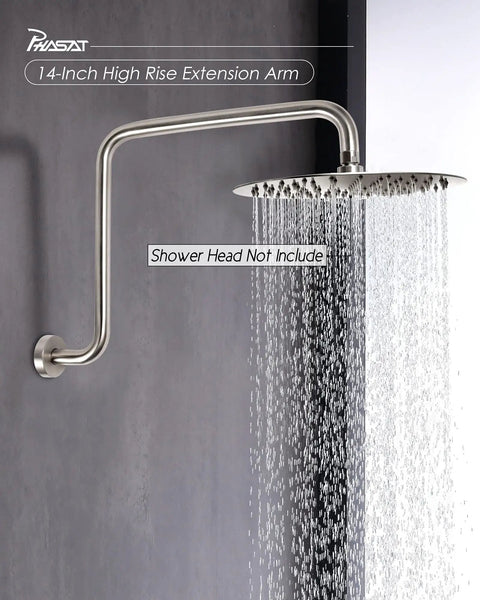 S-Shaped High Rise Shower Arm With Flange In Brushed Nickel, 16.65 Inch Length, 11.81 Inch Extra Height, 304 Stainless Steel