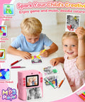 Kids Camera With Instant Print No Ink Thermal Photo Printer Pink For Ages 3 To 12, Easy Snap And Share, Perfect Birthday Gift For Girls, Inkless Printing, Color Paper Optional Not Included, Durable Fun For Young Shutterbugs, pink kids camera with children coloring printed photos