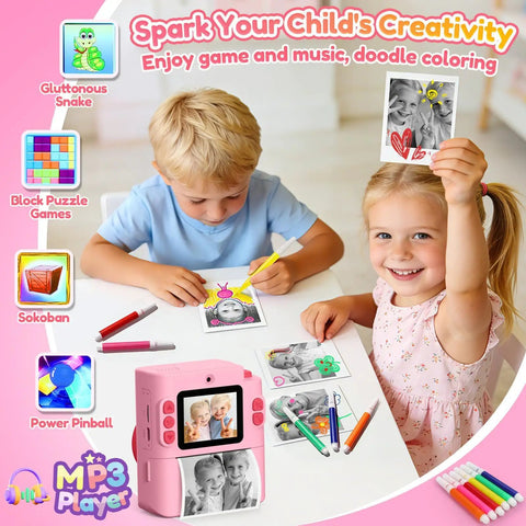 Kids Camera With Instant Print No Ink Thermal Photo Printer Pink For Ages 3 To 12, Easy Snap And Share, Perfect Birthday Gift For Girls, Inkless Printing, Color Paper Optional Not Included, Durable Fun For Young Shutterbugs, pink kids camera with children coloring printed photos