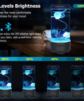 Jellyfish Lamp With Bluetooth White Noise Sound showing 5 levels of brightness and jellyfish design in various light settings.