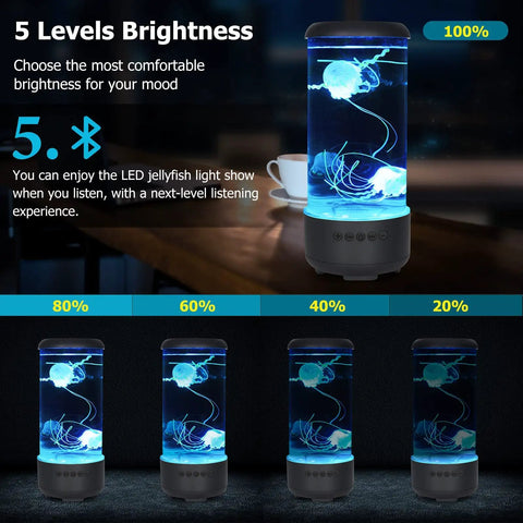 Jellyfish Lamp With Bluetooth White Noise Sound showing 5 levels of brightness and jellyfish design in various light settings.