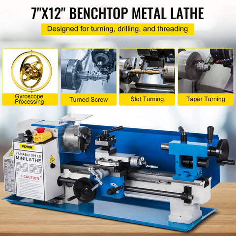 Built Tough 7 X 12 Inch Mini Metal Lathe Benchtop Machining Station with variable speed controls for precision crafting.