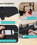 Installation guide for Under Desk Cable Management Tray 31.5 Inches No Drill Clamp Mount Wire Organizer showing setup and use.