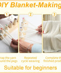 46 Inch Wooden Chunky Yarn Loom For Blankets With Numbered Pegs No Fuss Easy To Use Knitting Loom For Beginners And DIY Enthusiasts Durable Craft Loom For Handmade Gifts And Cozy Chunky Knit Projects in use with closeup of weaving process and finished knitted blanket on chair.