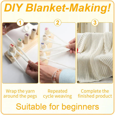 46 Inch Wooden Chunky Yarn Loom For Blankets With Numbered Pegs No Fuss Easy To Use Knitting Loom For Beginners And DIY Enthusiasts Durable Craft Loom For Handmade Gifts And Cozy Chunky Knit Projects in use with closeup of weaving process and finished knitted blanket on chair.