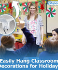 Teacher in classroom with decorations, inset of Clear Ceiling Grid Clips And S-Hook Hanging Kit, 50-Piece Drop Ceiling Decor Set for easy sign hangs.