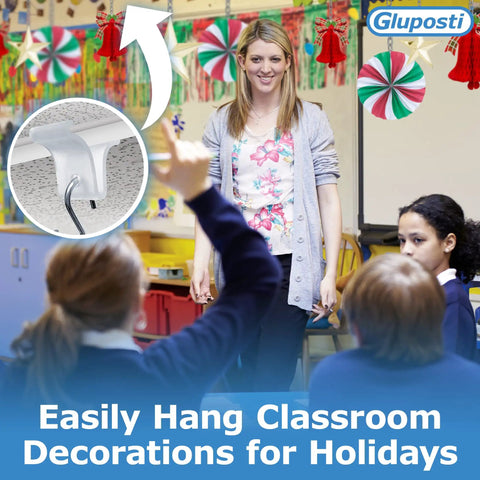 Teacher in classroom with decorations, inset of Clear Ceiling Grid Clips And S-Hook Hanging Kit, 50-Piece Drop Ceiling Decor Set for easy sign hangs.