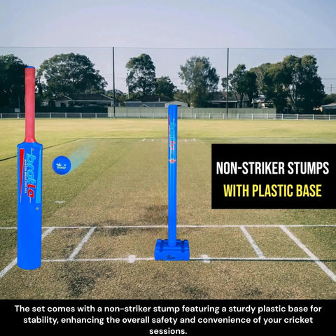 Size 6 Plastic Cricket Set Blue For Backyard And Beach Play This All In One Kit Comes With Bat Wind Ball Stumps And Non Striker Stump With Plastic Base Great For Kids And Adults shown on grass field