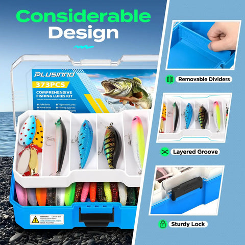 Fishing Tackle Box With Tackle Included 373 Piece Lures Kit With Removable Tray Pliers Weights Hooks And Accessories