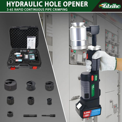 8 Ton Battery Hydraulic Knockout Punch Kit With 360 Degree Rotating Head And Half To Two Inch Punch Dies, Pro Grade Workhorse, Includes 18V Battery And Charger For Steel Aluminum And Brass In Tight Spaces, showing punch kit with dies and carrying case