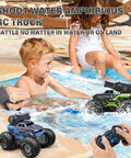 Children playing with 3-In-1 Amphibious RC Stunt Truck With Water Gun Gesture Sensing Waterproof Boat Mode Off-Road Monster Truck