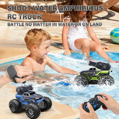 Children playing with 3-In-1 Amphibious RC Stunt Truck With Water Gun Gesture Sensing Waterproof Boat Mode Off-Road Monster Truck