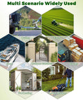 Collage of multi-scenario uses: trailer, farm, boat, coupler latches, goods, gardening, lawn mower. Seven hexagonal sections.