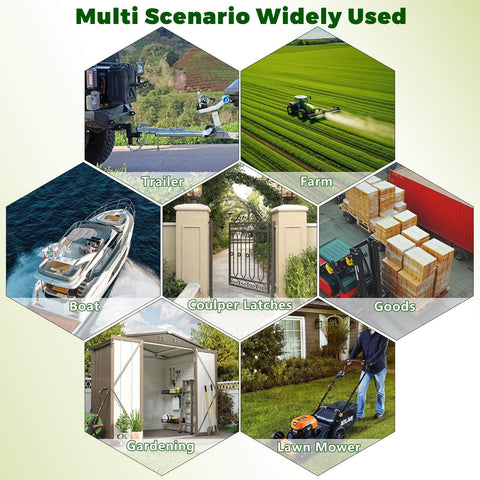 Collage of multi-scenario uses: trailer, farm, boat, coupler latches, goods, gardening, lawn mower. Seven hexagonal sections.