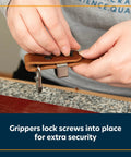 Person securing leather with Top Notch Black Chicago Screws Pack Of 10, Rock Solid Leather Fasteners for extra grip.