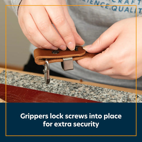Person securing leather with Top Notch Black Chicago Screws Pack Of 10, Rock Solid Leather Fasteners for extra grip.