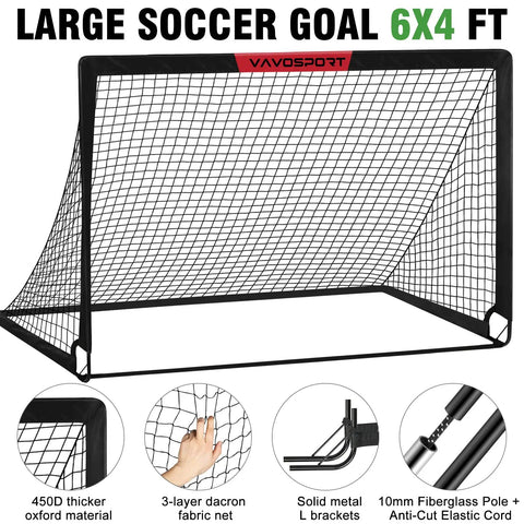 Portable Pop Up Soccer Goals Set For Backyard Play Two 6x4 Ft Kid Sized Goals With Ball Pump Cones And Carry Bag Grab And Go Easy Practice Net For Toddlers To Teens Outdoor Soccer Training Gear, shown with 450D oxford material and fiberglass poles.