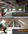 Game Changing Ultra Bright Green Laser Level 3x360 Self Leveling For Construction And Picture Hanging With 1x360 Horizontal And 2x360 Vertical Lines, IP54 Durable, Pinpoint Accuracy 1/9 Inch At 33 Feet, Six Line Modes For Indoor Or Outdoor Projects. Self-leveling and manual mode green laser level projecting lines on construction walls and ceiling.