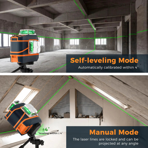 Game Changing Ultra Bright Green Laser Level 3x360 Self Leveling For Construction And Picture Hanging With 1x360 Horizontal And 2x360 Vertical Lines, IP54 Durable, Pinpoint Accuracy 1/9 Inch At 33 Feet, Six Line Modes For Indoor Or Outdoor Projects. Self-leveling and manual mode green laser level projecting lines on construction walls and ceiling.