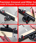 Precision Table Saw Miter Gauge With Micro Adjustable Flip Stop And Magnifier For Dead Nuts True Cuts features accurate crosscuts and angle cuts.